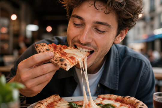 Man eating cheesy pizza slice in restaurant, joyful expression, casual dining, melted cheese pull