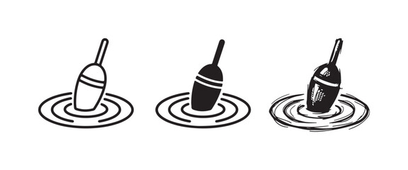 Fishing float icon set with outline, solid, and hand-drawn styles, showing ripples in the water. © Ірина Гринюк
