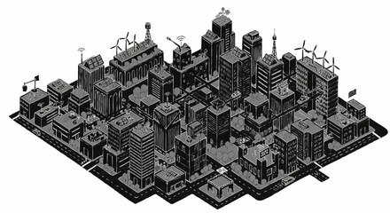 Fototapeta premium Isometric view of a dense, modern city skyline with skyscrapers and wind turbines, representing urban development and sustainability.