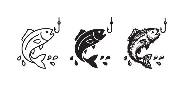 Fish on a hook icon set showing a caught fish with water splashes in outline, solid, and hand-drawn styles.