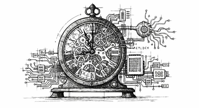 Intricate clockwork mechanism integrated with modern electronic circuitry, symbolizing the fusion of time and technology.