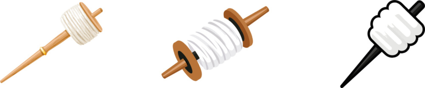 A flat vector illustration of a wooden drop spindle tool spins gracefully, winding thick handspun wool yarn on its clean minimalist design against a solid white background