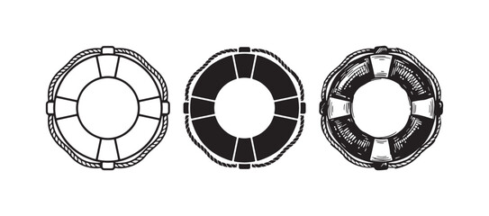Lifebuoy or life preserver icon set with rope detail, ready for rescue, depicted in outline, solid, and hand-drawn sketch styles. © Ірина Гринюк