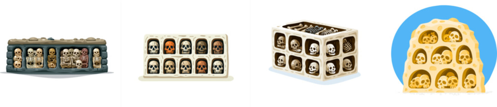 A flat vector illustration of an ancient underground catacomb loculus shelf features neatly arranged weathered skeletal remains in hollowed-out stone niches, all clean lines isolated on a solid white