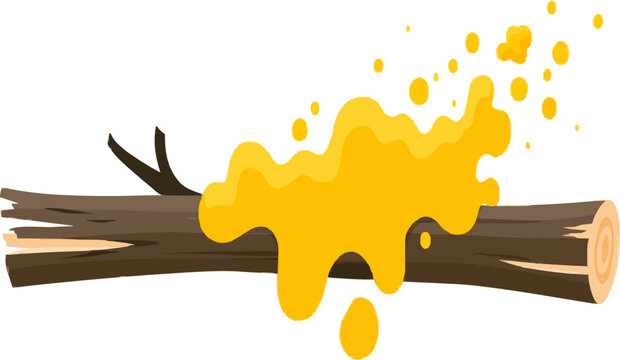 A vibrant yellow amorphous slime mold spreads across a weathered brown tree log, creating an intricate biological graphic asset with clean lines against a solid white background