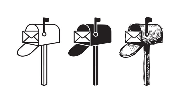 Mailbox icon set: outline, solid black, and detailed hand-drawn sketch of a postbox with an envelope and raised flag.