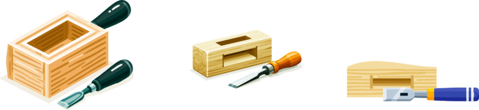 A flat vector illustration depicts a light oak wood block with a deep rectangular mortise hole, accompanied by a sharp steel woodworking chisel, all isolated on a solid white background