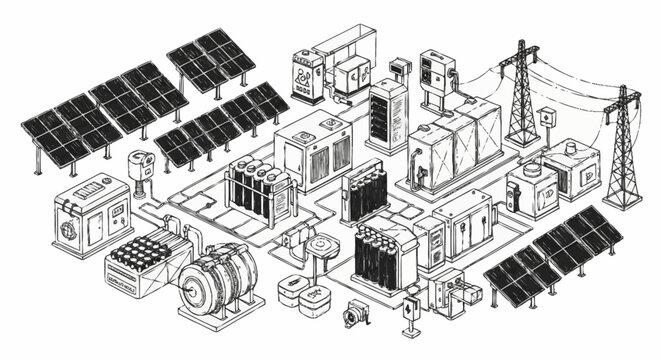 Isometric illustration of a modern renewable energy power plant with solar panels and electrical equipment.