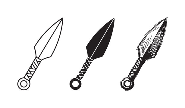 Kunai Knife Icons Set in Outline, Solid, and Sketch Styles