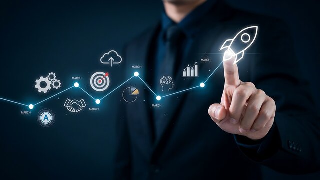 Businessman interacts with futuristic interface displaying growth icons and rocket symbol