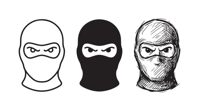 Balaclava Mask with Intense Eyes Icons Set in Outline, Solid, and Sketch Styles