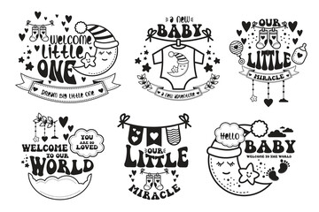 Fototapeta premium Vector illustration set of cute baby welcome quotes featuring moon, stars, hearts, and nursery decorations. Perfect for sublimation, baby shower, and newborn celebration designs.
