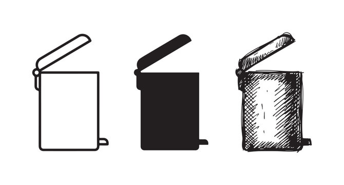Open pedal trash can icon set, featuring outline, solid, and hand-drawn sketch styles viewed from the side