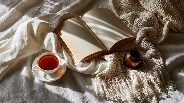 Open book tea cup blanket window soft light cozy bed still life reading leisure