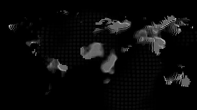 Dotted world map in white and grey on black. Minimalist dotted world map in white and grey on black for global business layouts. Global dotted world map in white and grey on black.