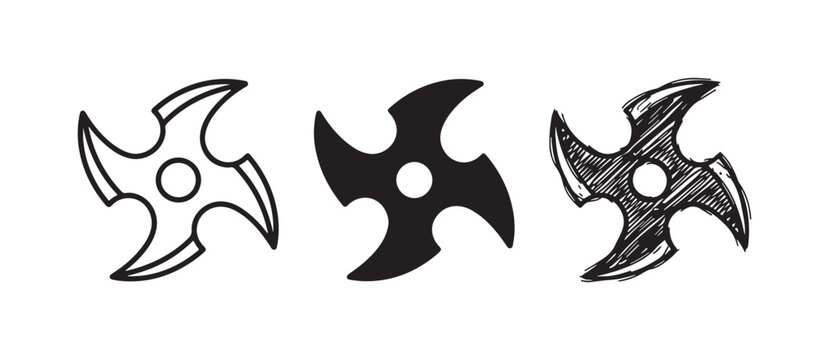 Four-pointed shuriken (ninja star) icon in outline, solid, and sketchy styles