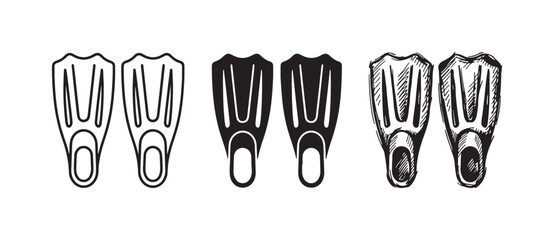 Pair of swimming flippers icon in line art, solid silhouette, and detailed hand-drawn engraving sketch styles. © Ірина Гринюк