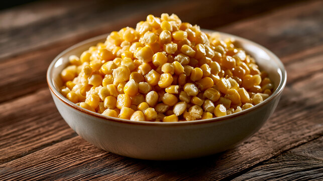 Fresh Cooked Corn Kernels in Shallow Bowl on Rustic Table