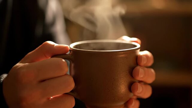 Close-up of people holding steaming cups and warm hands with hot coffee