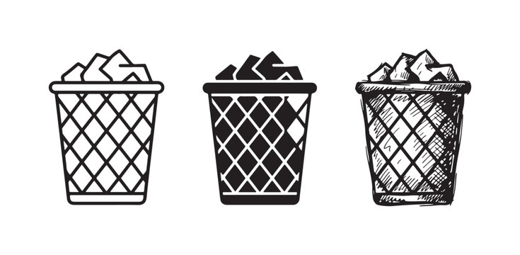 Three styles of full wire mesh waste paper basket icon set