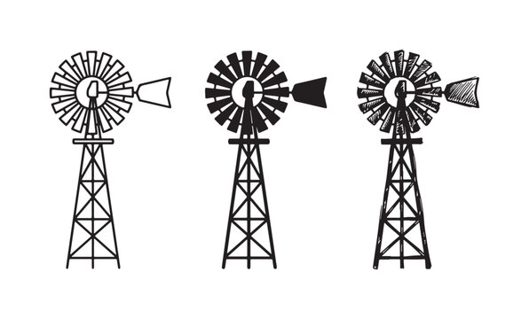 Traditional Farm Windmill Icons Set for Agriculture