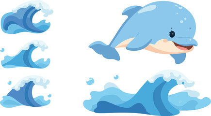 Naklejka premium Cute dolphin vector illustration character leaping above ocean sea waves set in cartoon flat style isolated on white background for kids design, greeting cards, nursery decor, and summer prints