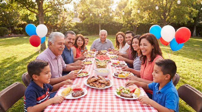 Multi-generational Hispanic family backyard barbecue, happy relatives eating dinner at outdoor garden party, festive summer celebration with balloons