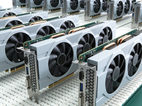 Rows of high-performance cooling fans for electronic graphics processing units arranged in parallel.
