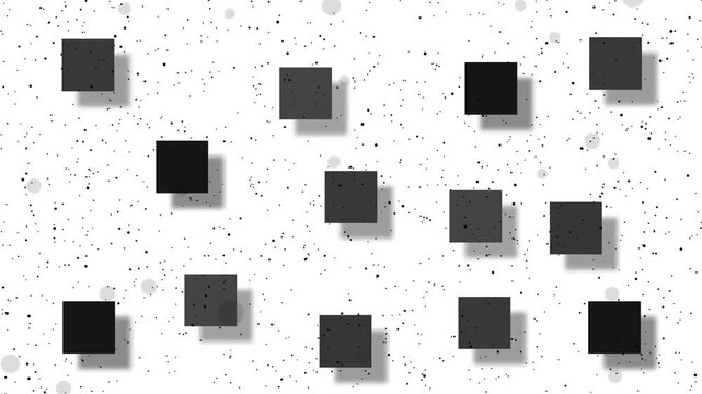 Abstract black and gray squares scattered on a white speckled background with soft shadows. Minimal geometric pattern useful for modern design, wallpaper, texture, or backdrop.