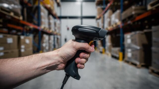 Warehouse worker scanning inventory with barcode reader in large modern storage facility