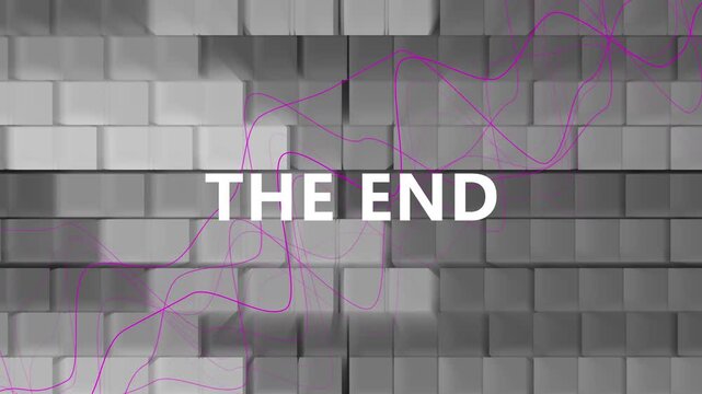 White the end text over a gray 3d block wall with thin purple lines. Modern abstract background for closing credits, presentations, announcements or final screens.