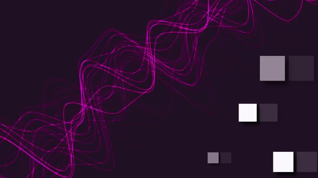 Abstract purple background with flowing pink light waves and small gray and white squares, creating a modern digital design with space for text.