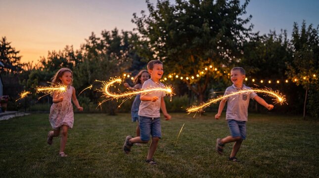 Happy children running with sparklers in backyard at sunset, joyful kids playing with firework sticks during summer garden party, childhood celebration