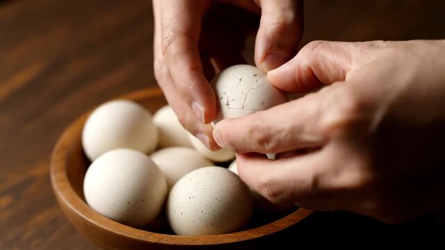 Close-up of putting eggs in a wooden bowl with your hands, and a close-up of cracking raw eggs on a wooden plate
