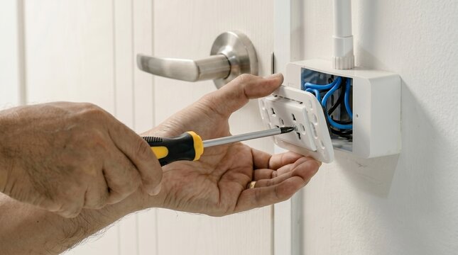 Electrician installing a wall outlet socket with a screwdriver in a home interior setting for a professional electrical renovation
