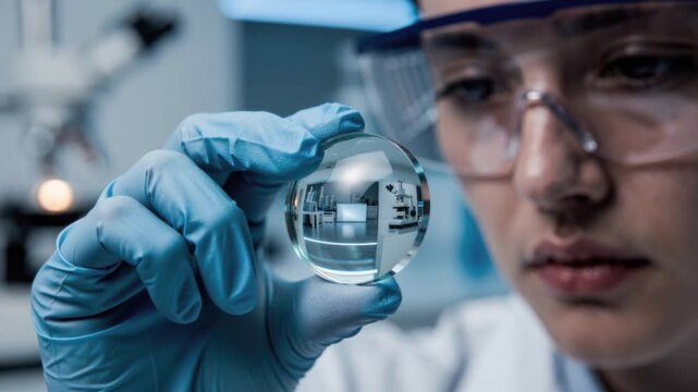 Scientist examining laboratory glass sphere with microscope reflection in modern research environment