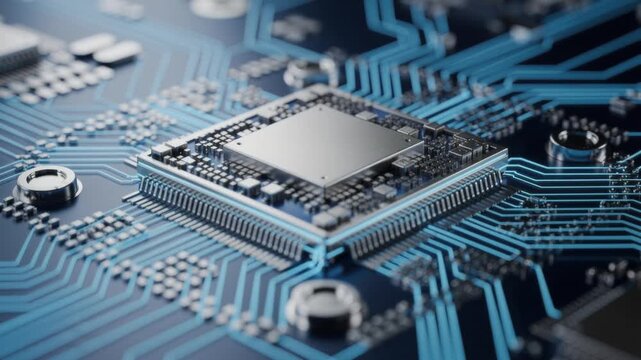Close up of modern computer chip on blue circuit board with electronic connections and micro components
