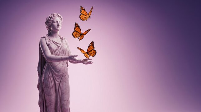 A classical marble statue of a woman with closed eyes holding her hands out as three monarch butterflies fly above them against a purple background