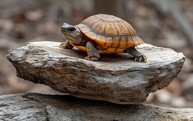 Obraz premium Turtle sunbathing on a log in the woods with closeup animal portrait.