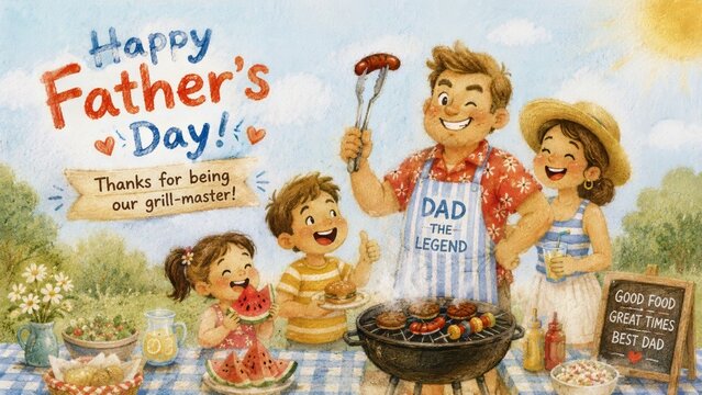 Happy Father's Day watercolor illustration of a smiling dad grilling for his family at a sunny picnic, showcasing involved father, parent care, family quality time and traditions, grill-master tribute