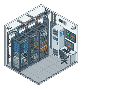 Modern Data Center Server Room with Racks and Computer Station.