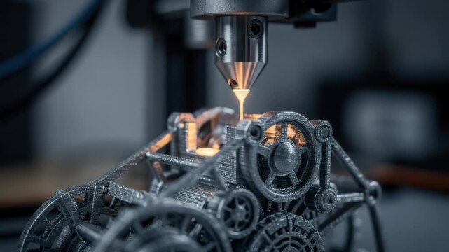 Close up of 3D metal printing process creating intricate mechanical part with molten material