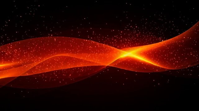 Abstract glowing orange wave with particles on black background for digital design and technology