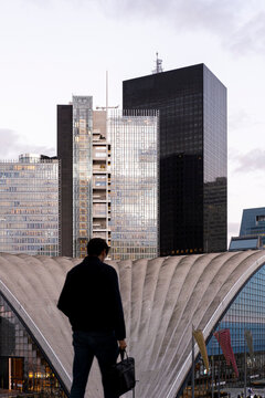 A person watches the Paris view from a rooftop, where urban architecture, skyline, buildings, city and France appear beyond the edge