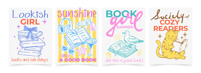Cute hand-drawn reading and book lover poster collection with books, cat and cozy summer elements. Perfect for stationery, stickers, apparel and social media designs. © Andrey