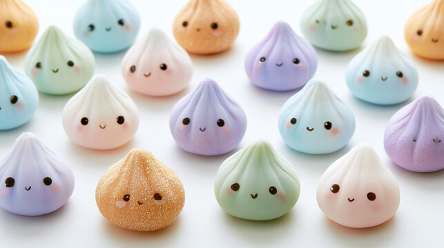 Colorful pastel dumpling squishy toys with cute smiling faces collection