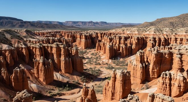 Panoramic view of red rock hoodoos in a desert canyon