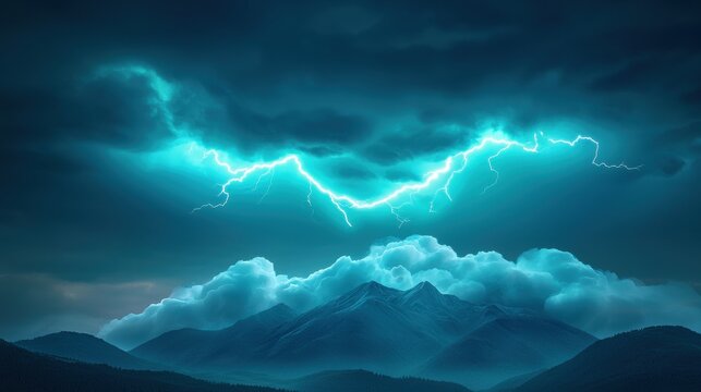 Dramatic Dark storm clouds rolling over a jagged mountain range, with flashes of lightning illuminating the sky.