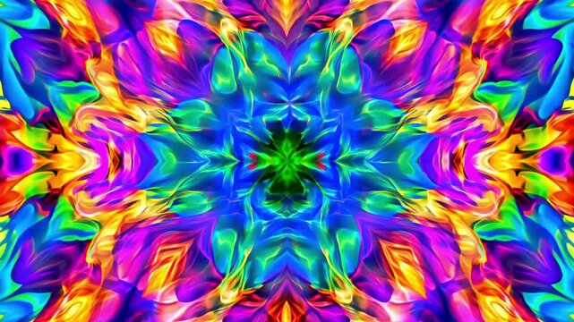 Colorful patterns shift and flow in intricate designs, creating a captivating display on a dark surface with bright colors