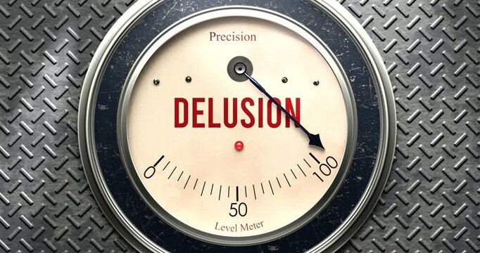 Delusion  meter that is hitting a full scale, showing rising levels of delusion, overload of it, too much of it. Maximum value, off the charts.